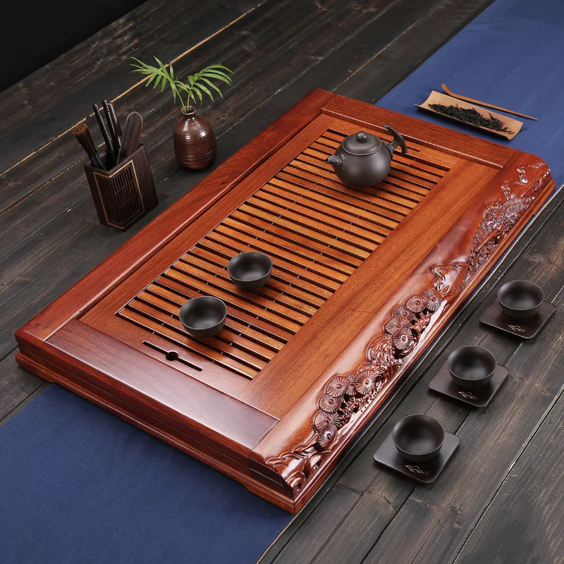 [Side Carving] Rosewood Tea Tray Solid Wood Frame Mortise and Tenon Pine Crane Carving Can Water Storage Tea Table