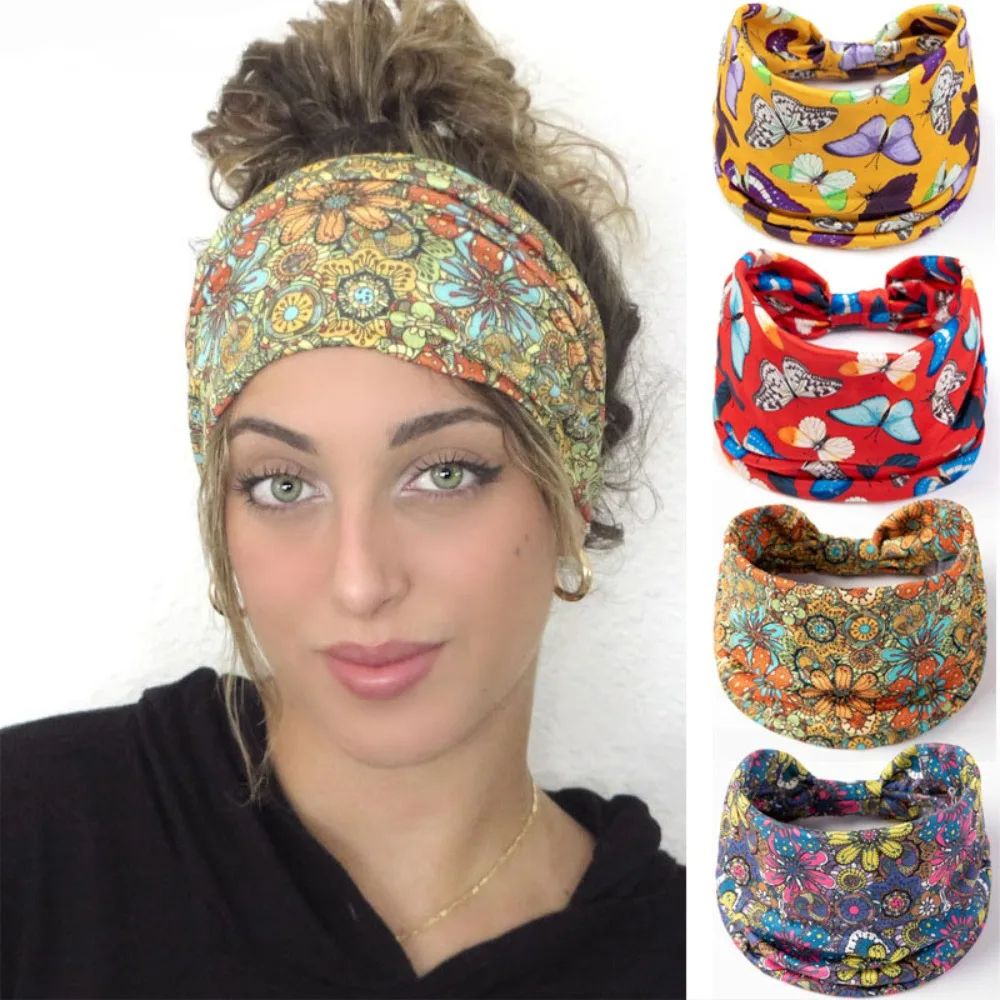 African Pattern Headband Turban Headwear Bohemian Wide Headband Cotton Stretch Women Headwrap Hair Bandana Yoga Hair Band