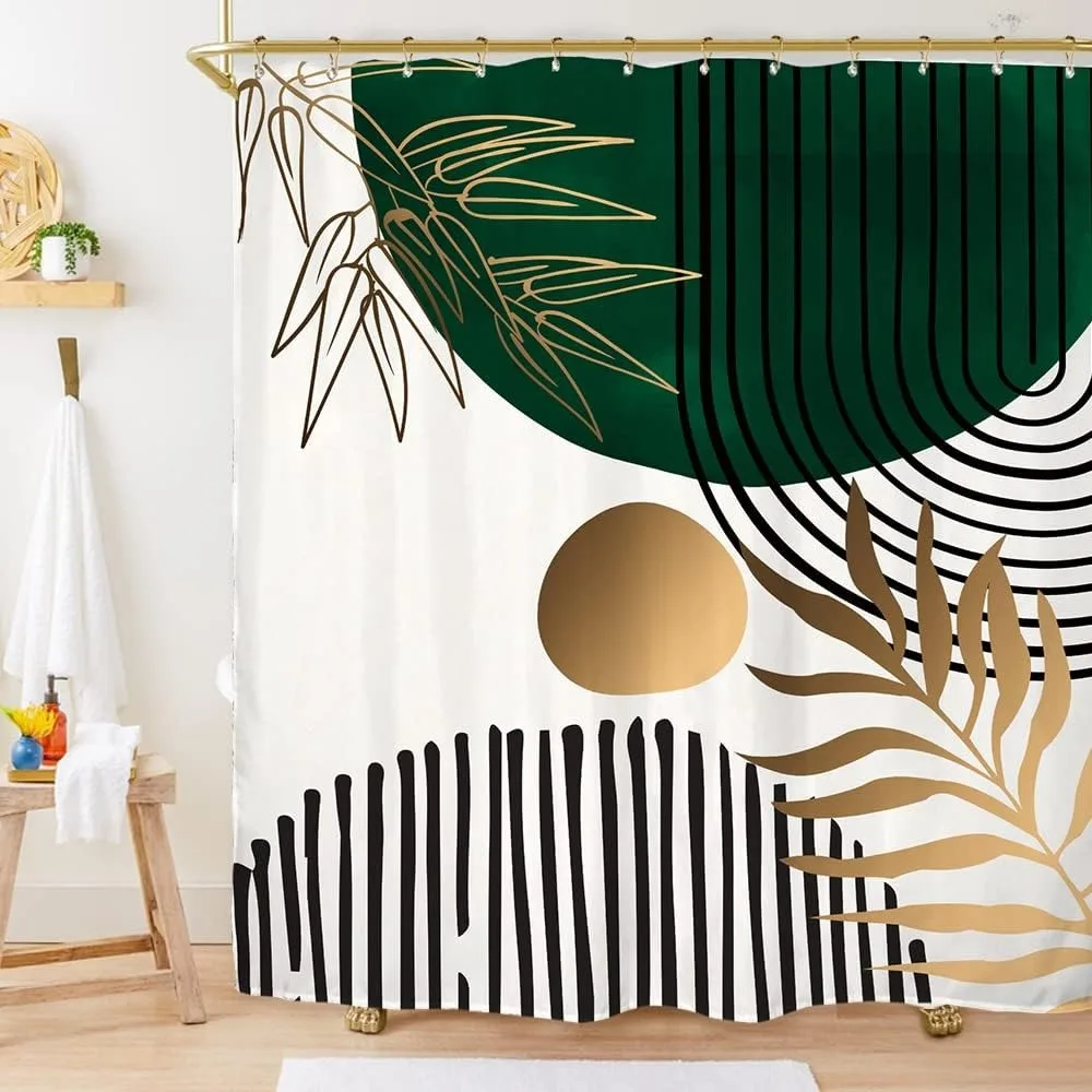 Abstract Leaves Shower Curtain Emerald Green Modern Tropical Simple Minimalist Chic Waterproof Bathroom Curtain with 12 Hooks