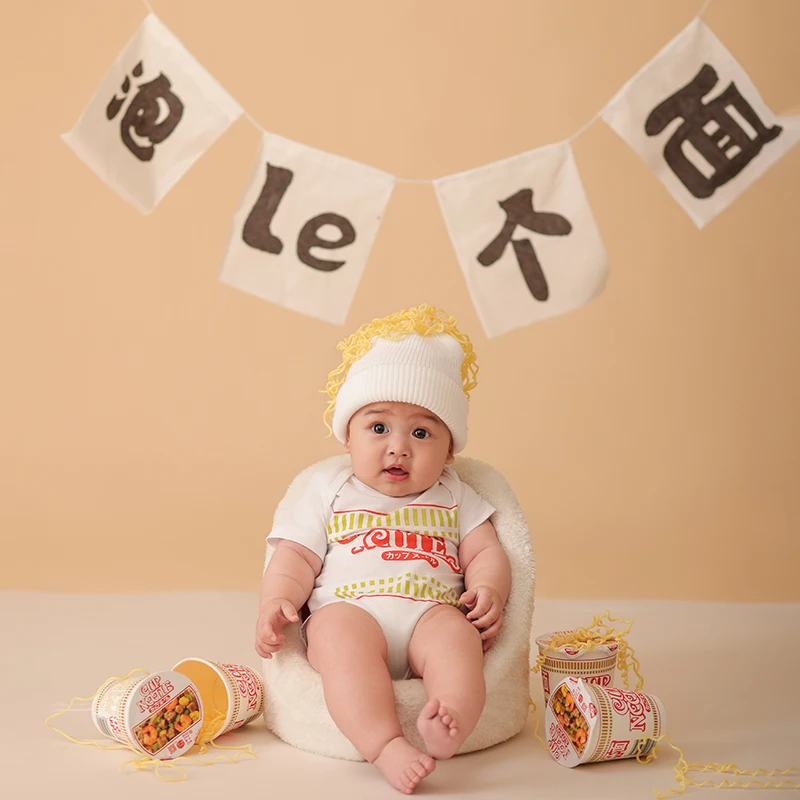 Baby Costume Wool Cap Bodysuit 2pcs/Set Instant Noodle Themed Photo Props 100 Days Infant Photography Outfit Studio Accessories