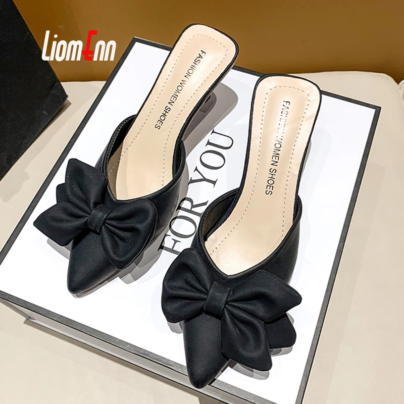 Summer Bow Thin Heel Mules Shoes Women 2024 Street Green Heeled Slippers Women Sandals Korean Sexy Elegant Pointed Toe Chic Shoe