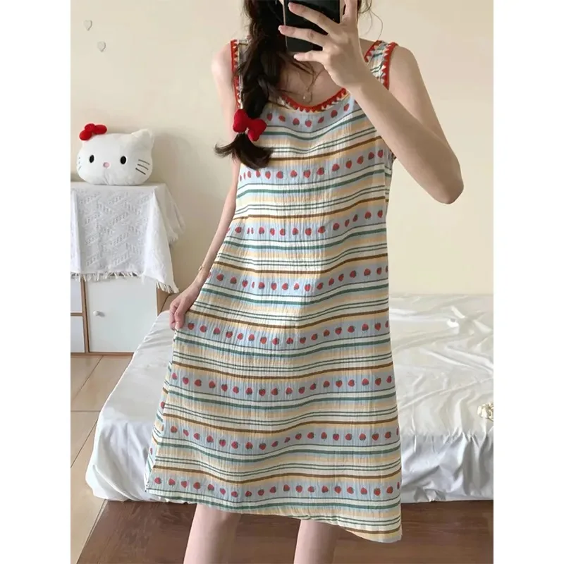 Women Modal Cotton Nightdress Houndstooth Pocket Short Sleeve Summer Sleepwear