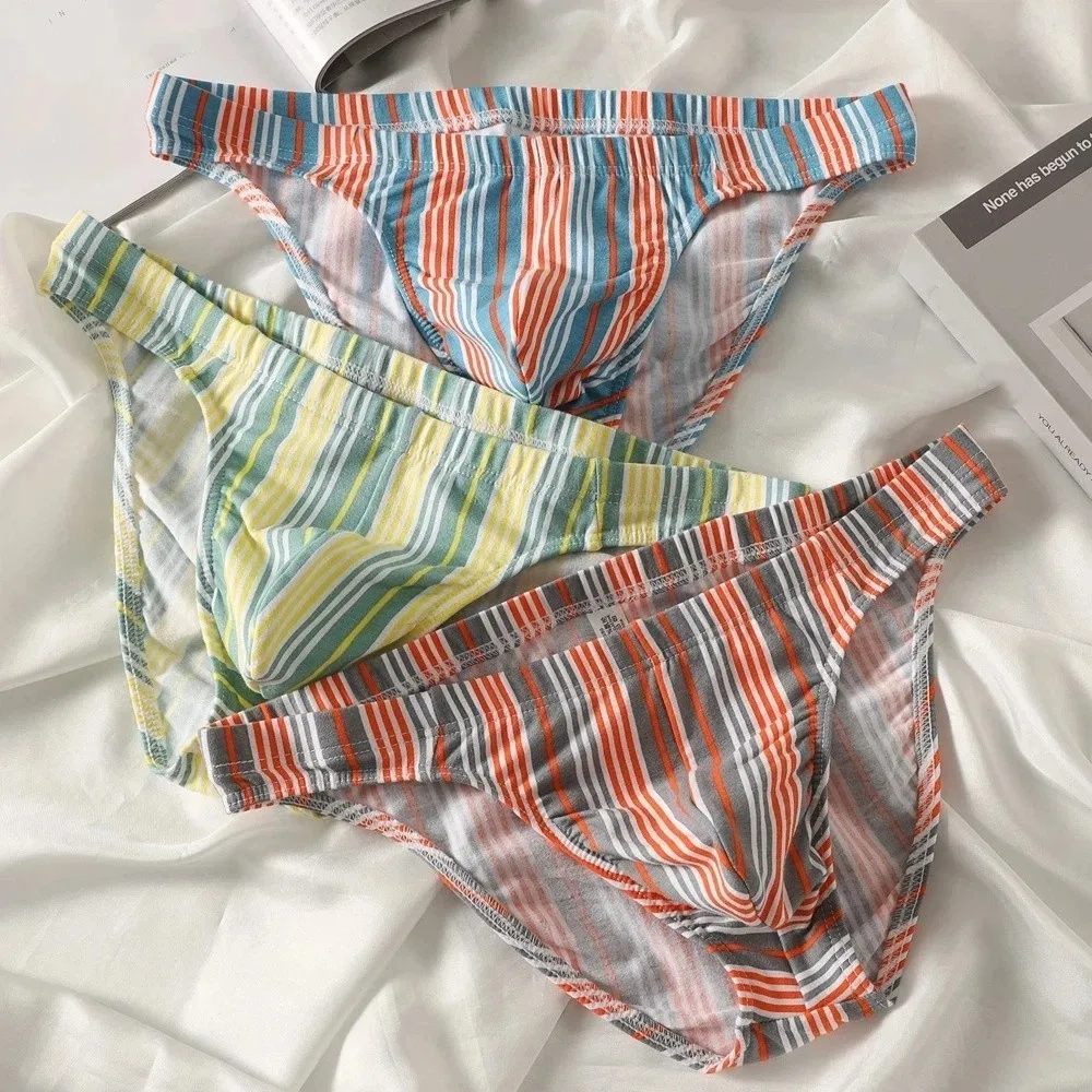 

Soft Lingerie Men's Triangle Panties Mid Waist Large Size Striped Briefs Breathable Underwear for Men Gifts