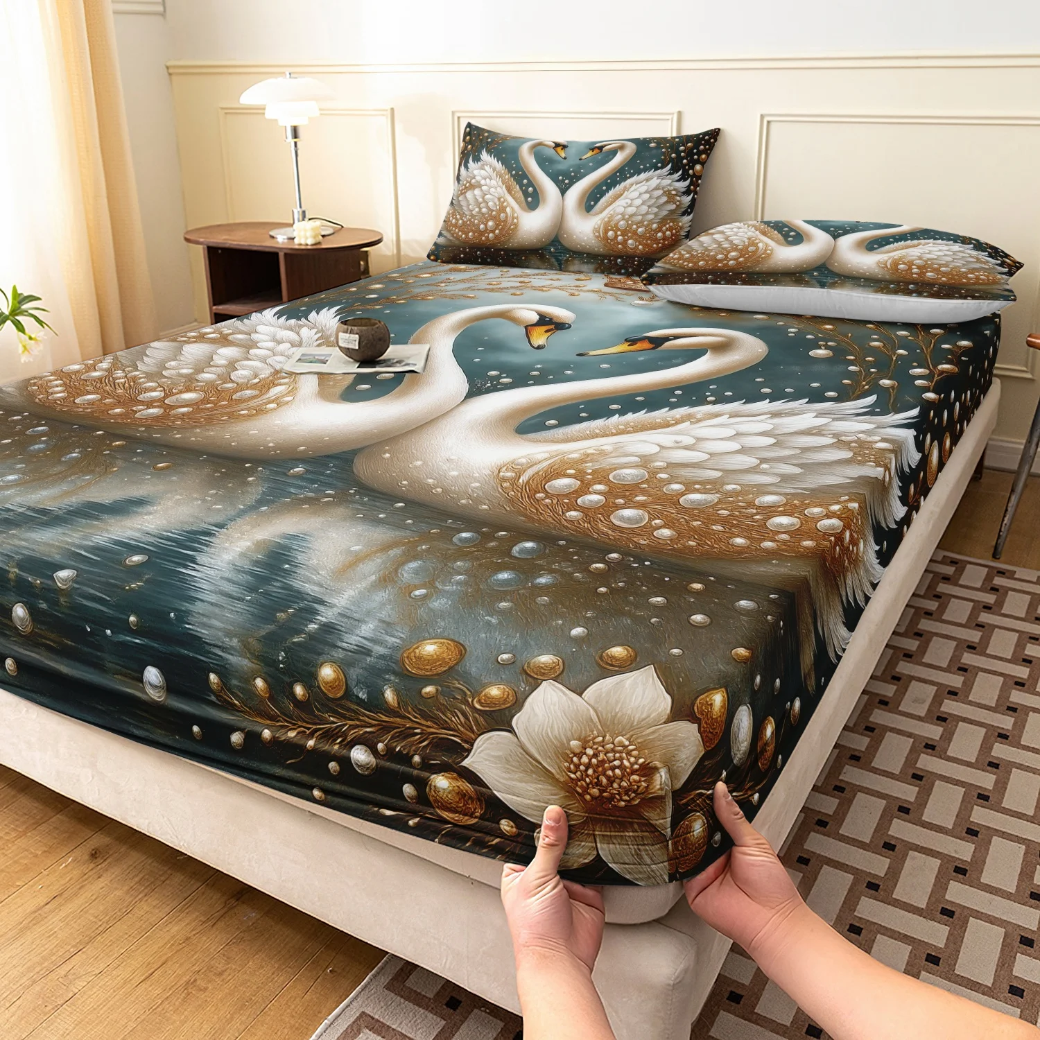3 Pieces Deep Teal Lake Background Golden Pearl White Double Swan Print Fitted Sheet Set, For All Season Home Family Dormitory