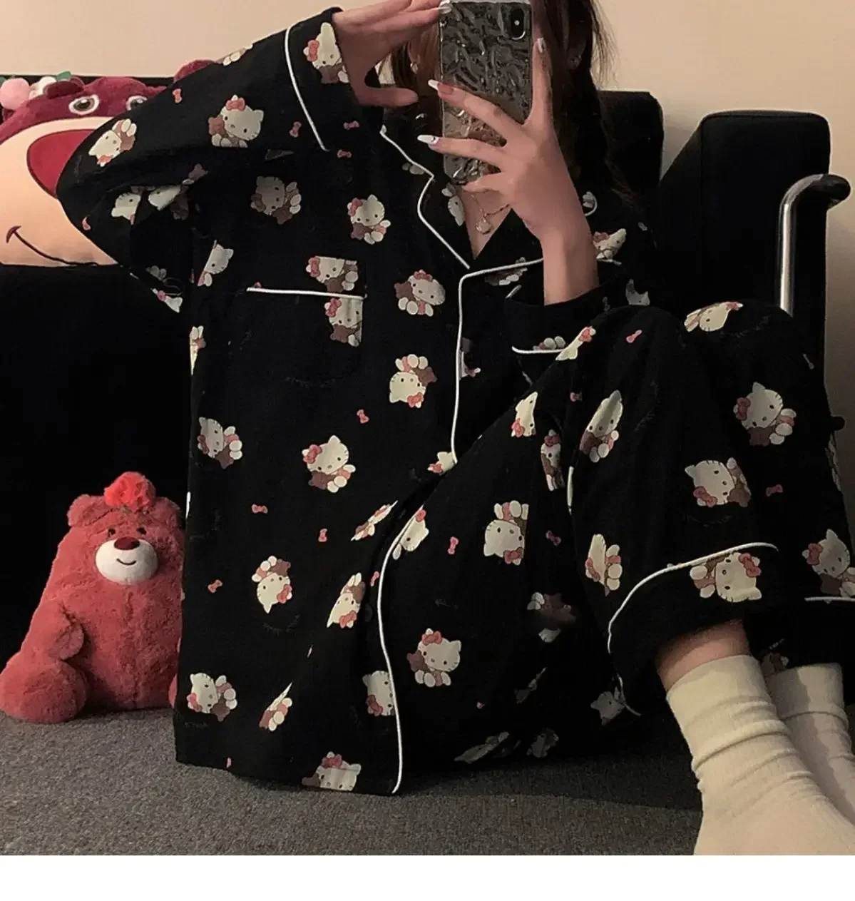 Sanrio Hello Kitty Pyjama Mannen Kuromi Paar Pyjama Herfst Winter Cartoon Animatie Mannen Vrouwen Lange Mouwen Warme Huiskleding Pak