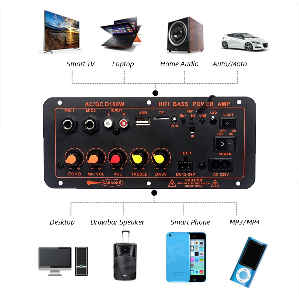 600W Bluetooth 5.0 Placa De Amplificador De Áudio D300 Microfone Duplo Módulo Amplificador Subwoofer DC12V 24V 1CH AMP Potência Estéreo HIFI