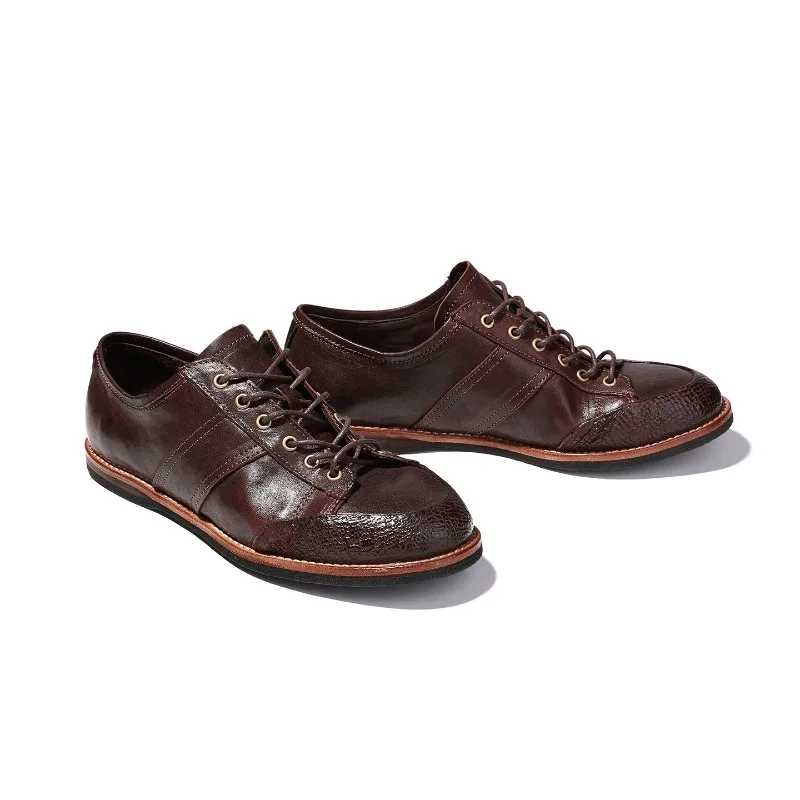 High‑end Horsehide Handmade Casual Shoes Men Sneakers Japanese‑style Retro Genuine Leather Training Shoes Lace‑up Flat Shoes