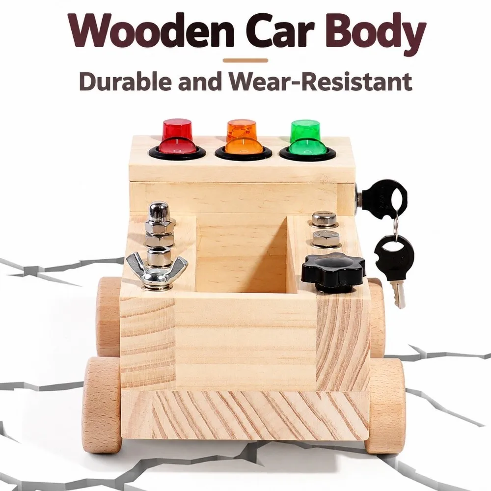 LED Light Montessori Busy Board 2-4 Years Old Power Switch Screws and Nuts Tool Car Simulate Car Durable