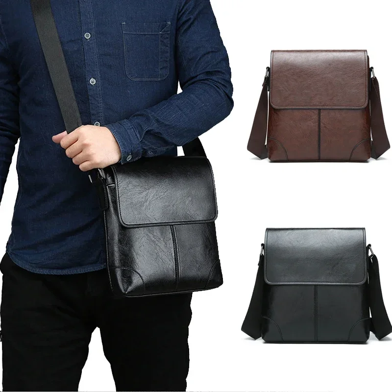 Men\'s Shoulder Bag PU Leather Side Cross Sling Messenger Bolsas Satchel Commuting Crossbody Square Essentials Porter Bag Husband