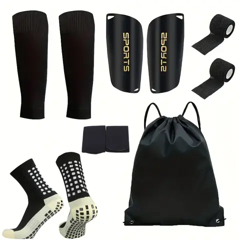 Ensemble de 6 pièces de chaussettes de Football pour Sports de plein air + protège-tibia + protège-tibia + protège-chevilles + sangles + sac de rangement S004593