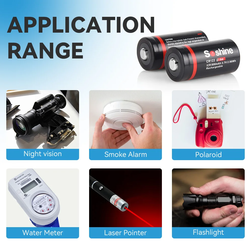 Soshine CR123 800mAh Lithium Rechargeable Battery 3.7V 800mAh Li-ion Batteries for Smoke Alarm Laser Pointer Flashlight Camera