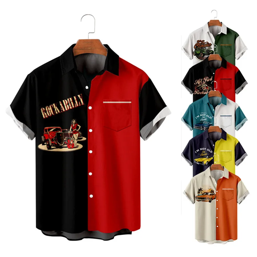 

Мужские ретро гоночные автомобили с лацканами, свободные гавайские рубашки с нагрудным карманом и короткими рукавами