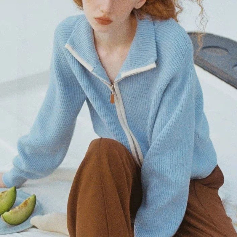 Autumn Winter Women Vintage Fashion Polo Collar Zipper Knitted Cardigan Y2K Sweet Chic Casual Long Sleeve Ribbed Sweater Coat