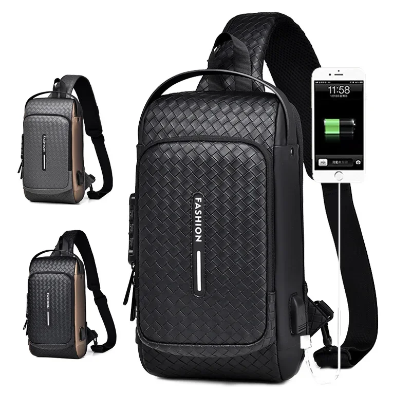 Rugzak Mode Mannen Tas Crossbody Draagbare Met Mannelijke Opladen Schouder Usb Anti-Diefstal Tas Tape Outdoor Borst Sport Pu Poort