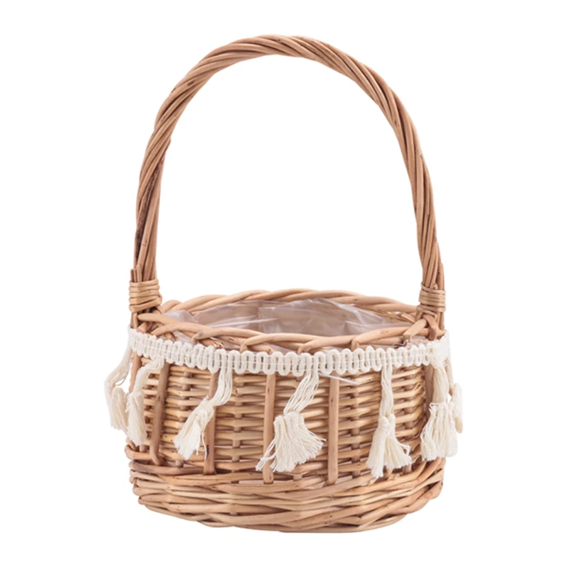 Rattan Basket Flower Basket And Ribbon Wedding Flower Girl Baskets Wicker Rattan Flower Basket For Home Garden Decor