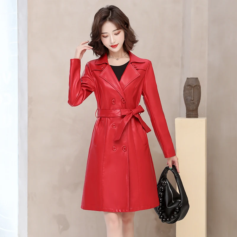 2026 Spring Autumn Sheep Leather Long Trench Coat Women Double