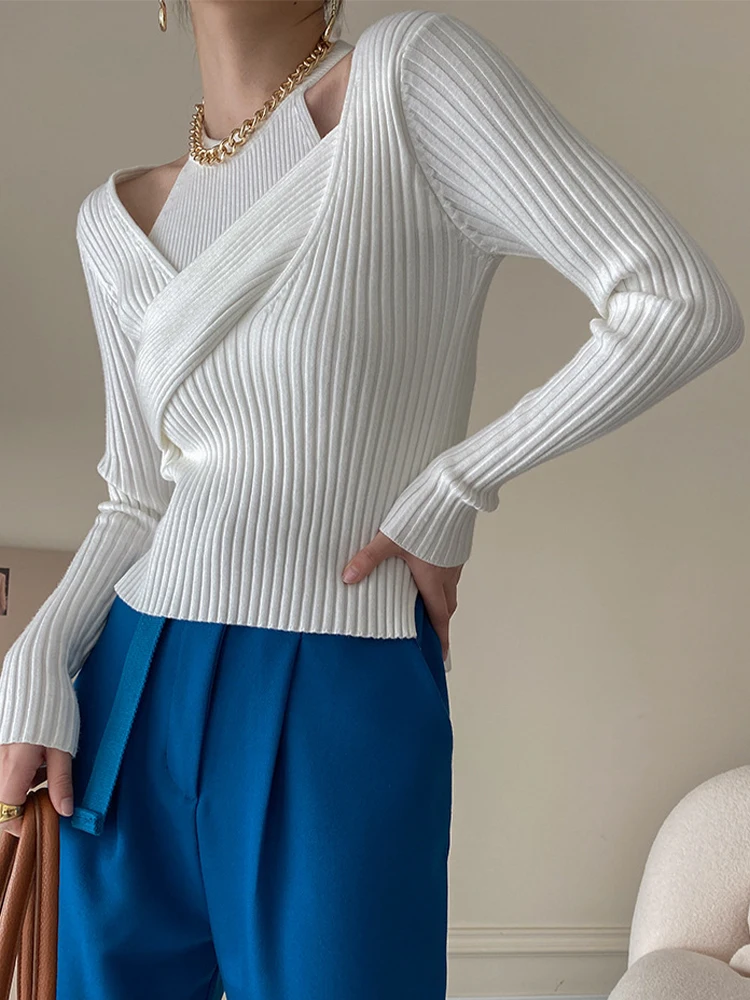 Sexy Off-shoulder Pullover Women Autumn Halter Knitted Sweater Female Elegant Fashion Short Jumpers Ladies French Knit Tops