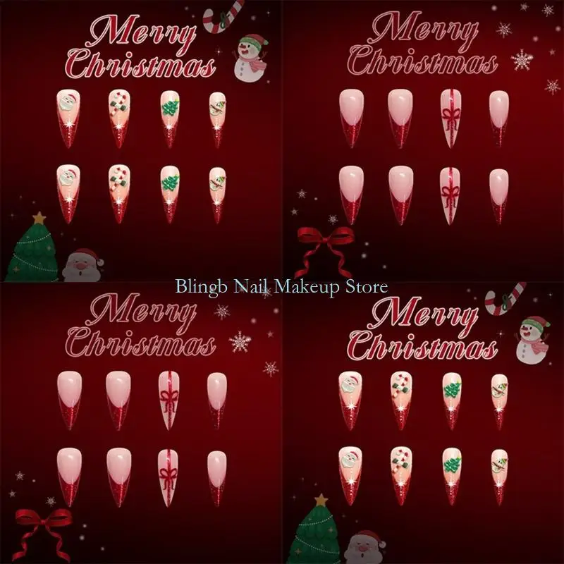 28TA 우아한 프랑스 팁 반짝이는 손톱에 프레스 48pcs 세트 긴 관 모양 눈사람 크리스마스 테마 인공 손톱 선물