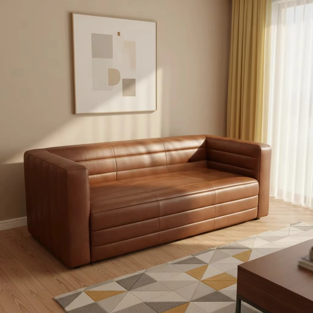 Luxury Vintage Channel Tufted Sofa Brown Genuine Leather Couch Loveseat Sofa for Hotel Bar Cafe Restaurant Club Home Office