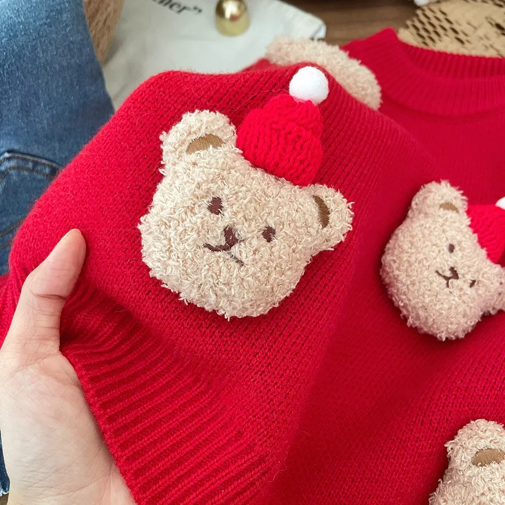 2025 موضة بنات بنين عيد ميلاد سعيد لطيف الدب الأحمر البلوزات طفل أطفال ملابس الشتاء الأطفال ملابس السنة الجديدة الملابس المتماسكة