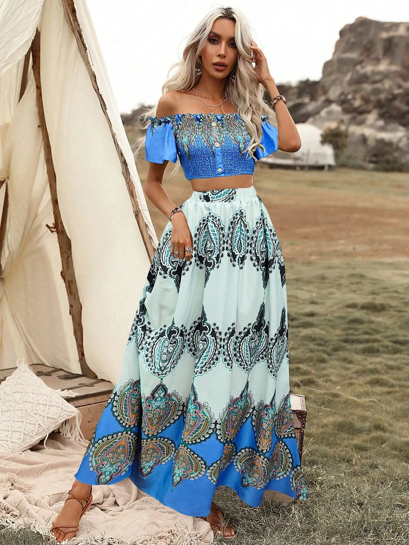 Women Boho Paisley Print Two Piece Matching Set, Off Shoulder Smocked Crop Top High Waist Flowy Maxi Skirt Vacation Co Ord