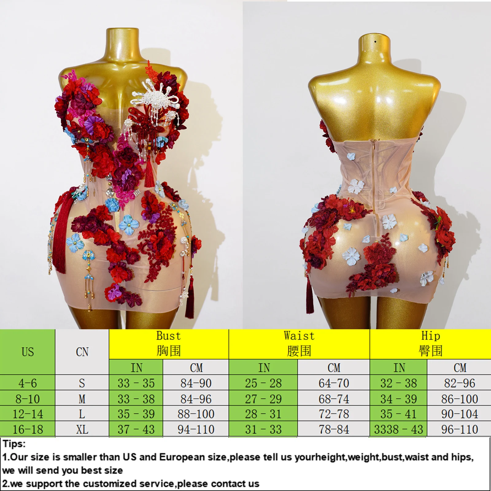 Sexy Red Sheer Mesh 3D Floral Mini Dress Women Stage Performance Costume Stage Show Dance Singer Gown Drag Queen Party Clubwear view 6