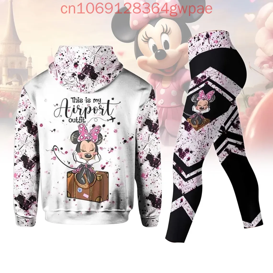 Cute Minnie 3D Hoodie and Leggings Set For Women's Disney Mickey Yoga Pants Sweatpants Fashion Casual Leggings Track Suit