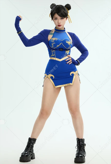 MICCOSTUMES Chun Li Derivative Abito casual da donna Abito allacciato e top con bracciali Costume cosplay con fascia per capelli