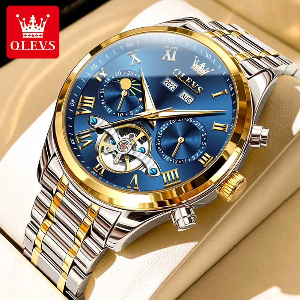 

OLEVS 7005 Multifunctional Men's Classic Mechanical Wristwatch Steel Strap Moon Phase Day Date Business Luxury Watch for Man