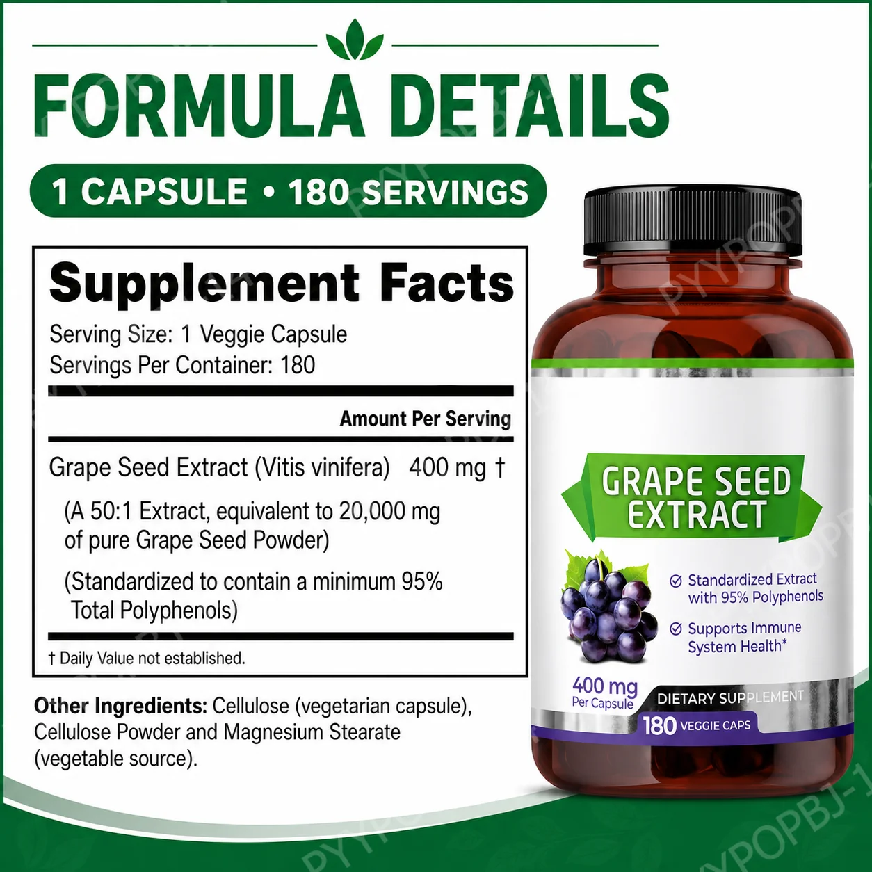 Grape Seed Extract 400mg Veggie Capsules, 50:1 Concentrated Formula with 95% Polyphenols, Daily Antioxidant Support, 180 Count