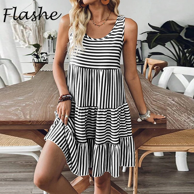 

Women Summer Dress Striped Printed Sleeveless Beach Party Mini Dresses For Women Elegant Short Dresses