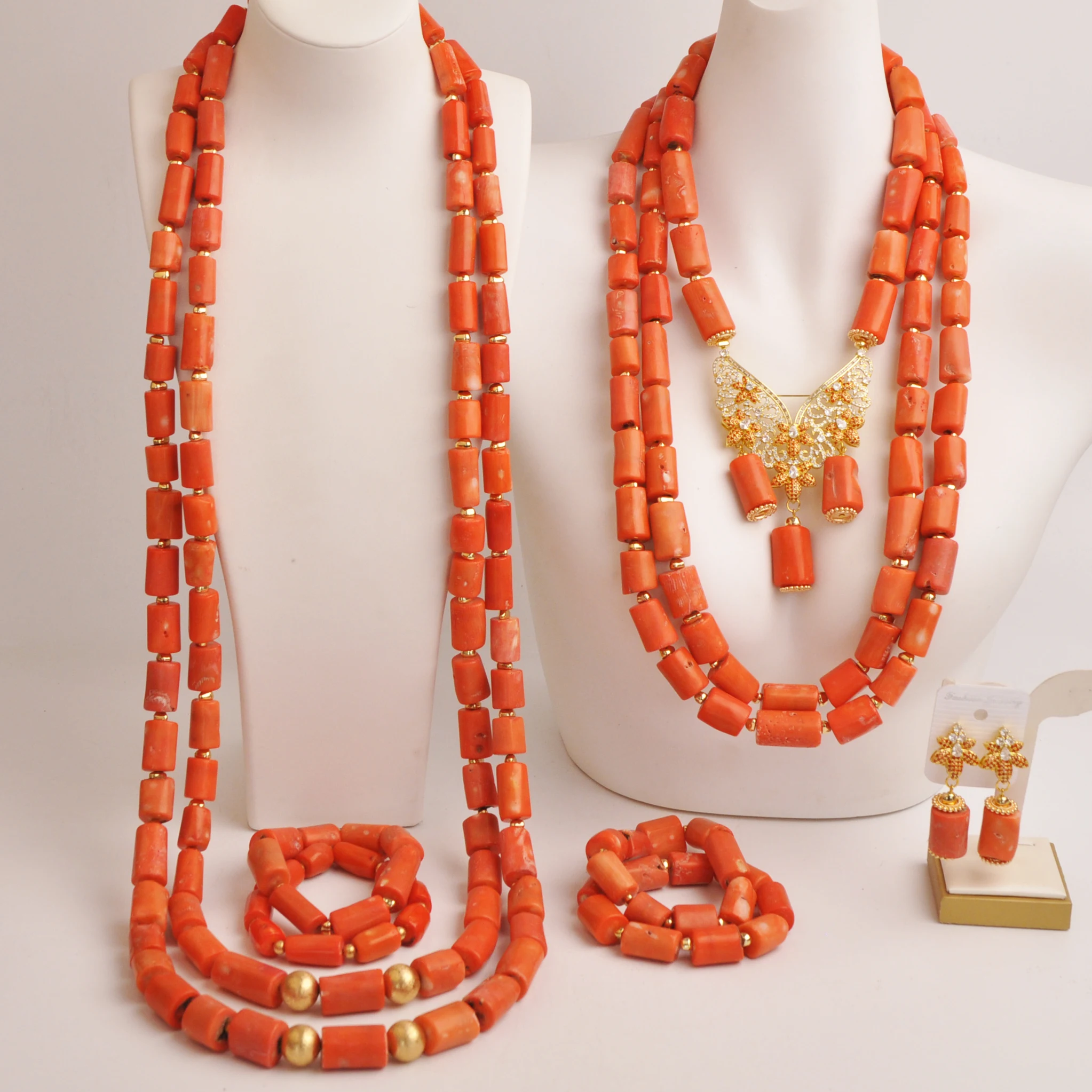 

Fashion Nigerian Traditonal Wedding Coral Bead Jewelry Set for Couple African Jewelry Sets