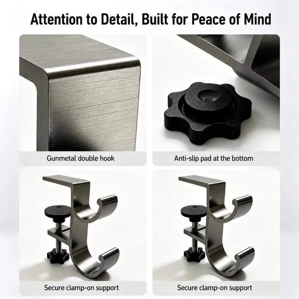Durable Aluminum Alloy Desk Side Bag Hook Clamp-on Double-Hook Backpack Hanger Heavy Duty Table Edge Storage Hook Office