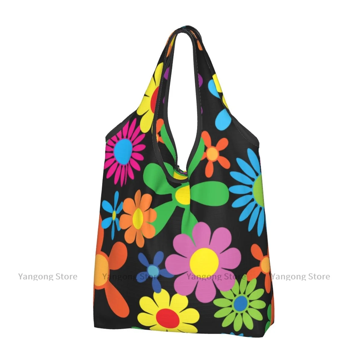 

Folding Shopping Bag Hippie Flowers Reusable Portable Shoulder Handbag for Travel Grocery Pocket Tote