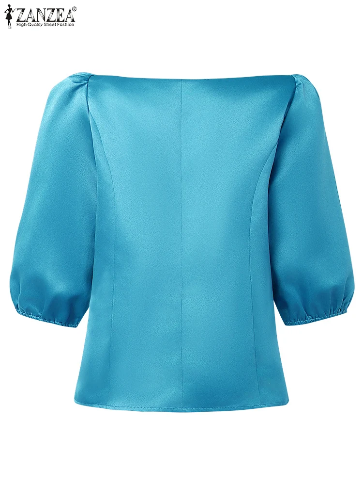 ZANZEA بلوزات نسائية أنيقة على شكل زهرة من القماش أنيقة برقبة قارب نصف كم منتفخة من الساتان Blusas Mujer 2025 قطع علوية متينة للتنقل في الخريف