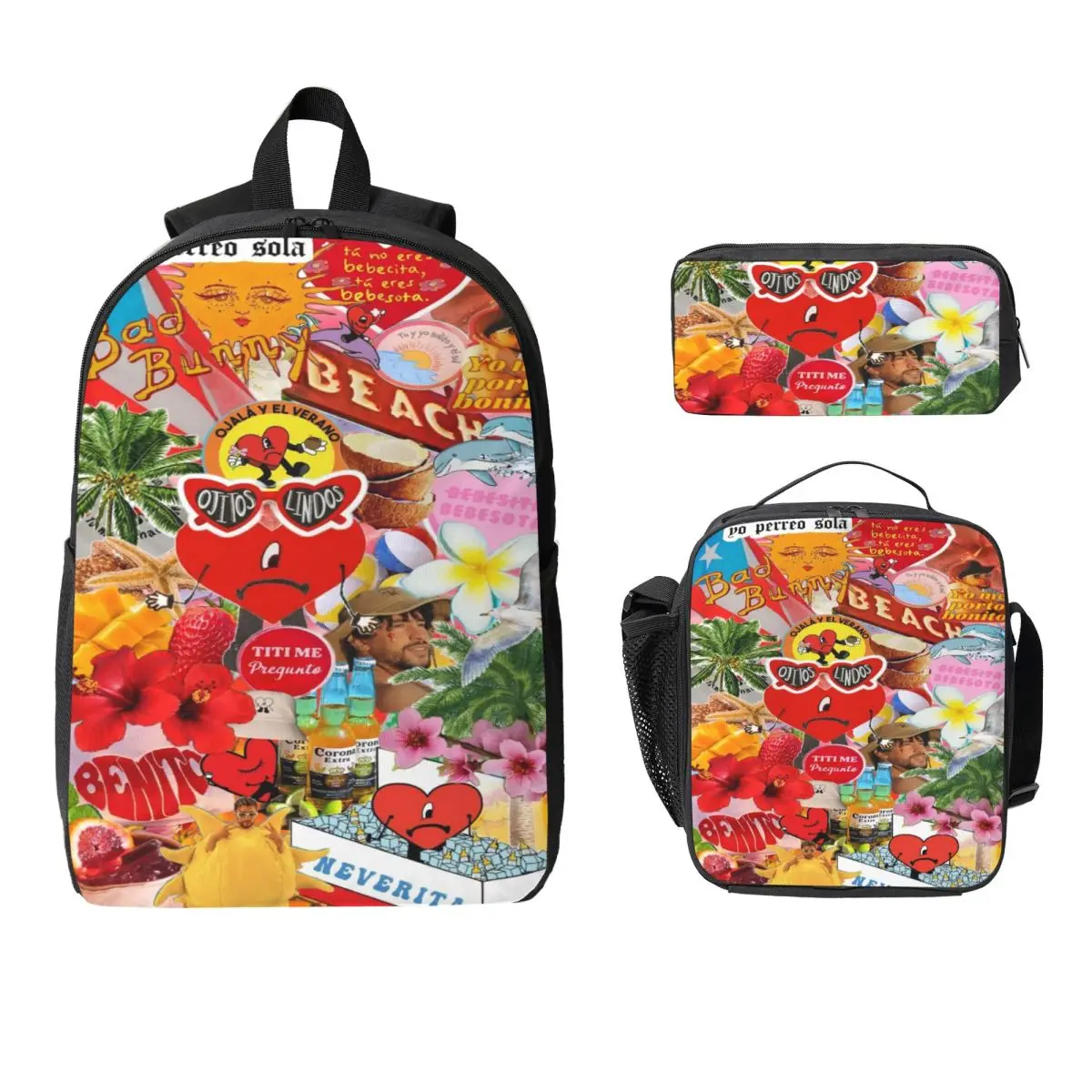 3Pcs Debi Tirar Mas Fotos DTMF Bads Bunnys Music Tour Accessories Backpack Set for Kids Pencil Boxes Bookbag Sets with Lunch Box