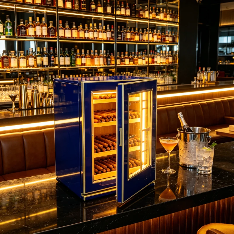 150 Cigar Capacity Humidor Blue Wooden Cabinet with Transparent Glass Door Constant Temperature Storage CaseHome Bar Shop Use