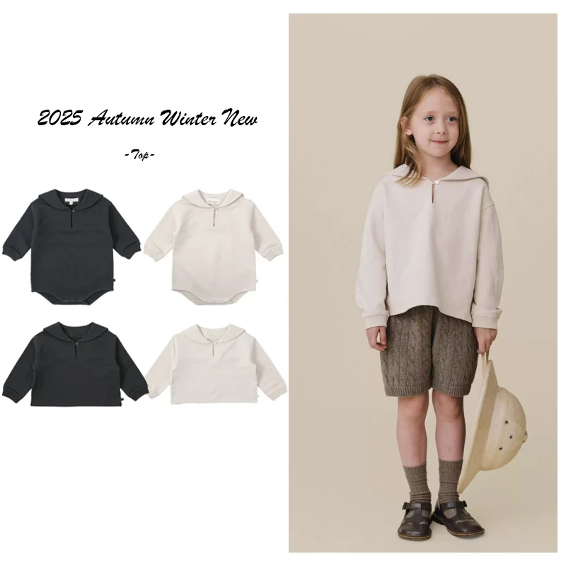 

2025 Winter Navy Collar Hoodie for Boys Girls Navy Collar Hoodie Long Sleeve Triangle Crawler Cotton Children's Clothing 6M-10Y