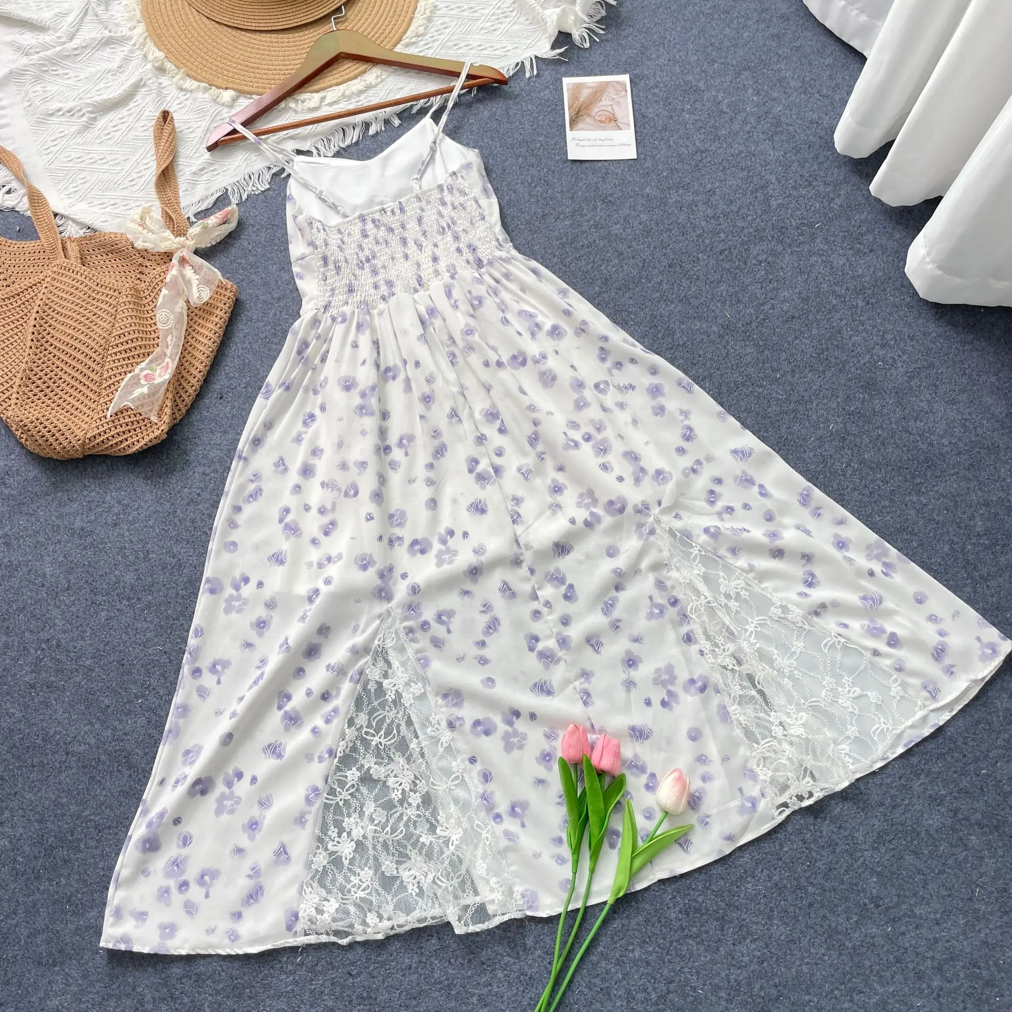 

Gentle Wind Lavender Floral Suspender Dress Women's Summer Waist Thin Lace Splicing Medium and Long Dress