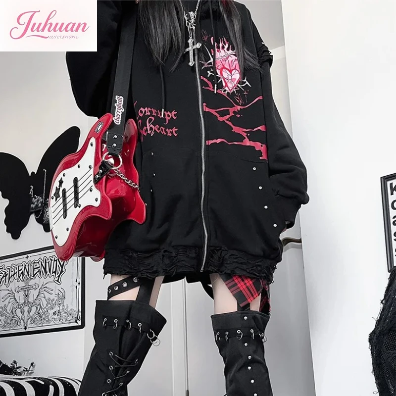 

Spring Original Printed Subculture Y2k Dark Loose Cat Ear Distressed Hooded Sweatshirt Jacket Women Zip Up Hoodie Soozed Hoodie