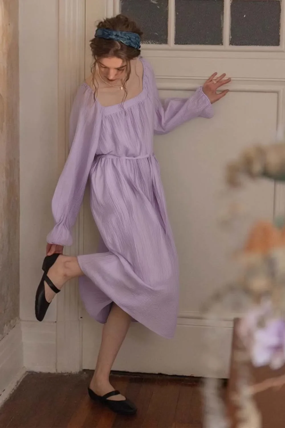 

VIMLY Women's Minimalist Lyocell Square Neck Dress 2025 Spring New Elegant Waist Slimming Office A-Line Long Dress With Lace-up