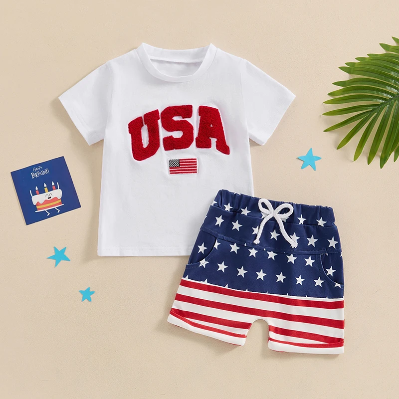 Lioraitiin Toddler Baby Boy 4th of July Outfits Letter Print O-Neck Short Sleeve Tops Elastic Waist Striped Shorts Summer Outfit