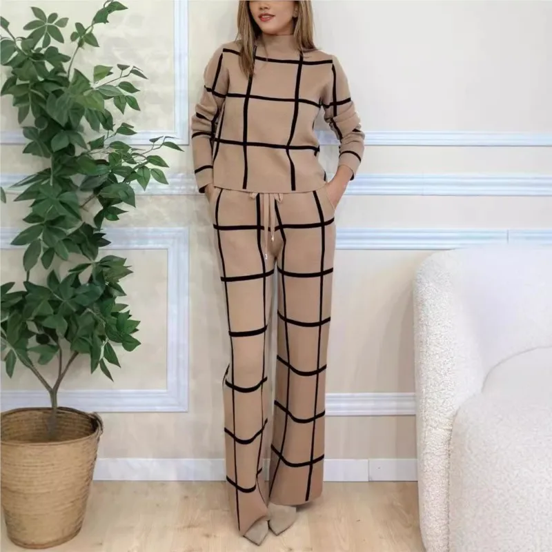 Women Elegant Temperament 2 Piece Sets Solid High Neck Long Sleeve Plaid Printed Trousers Set For Women 2024 Autumn/Winter New