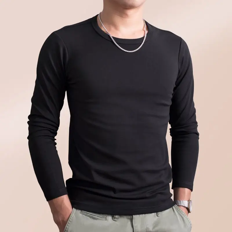 Long sleeved T-shirt men's pure cotton base shirt trendy solid color interior with Korean version autumn/winter men's top