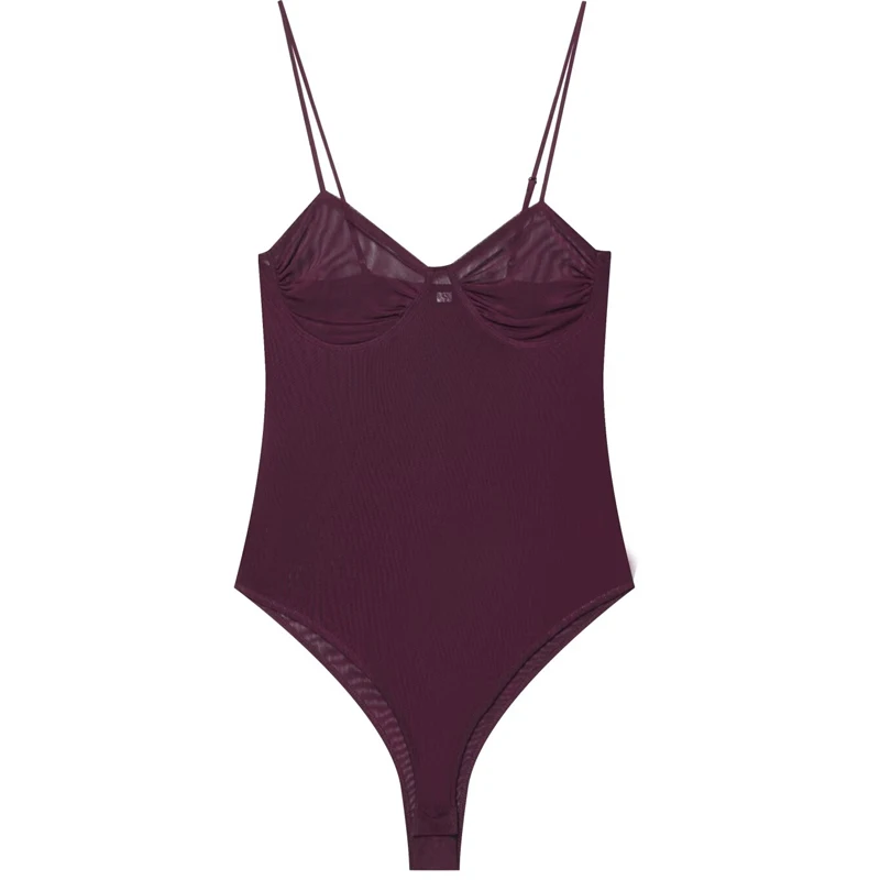 HXAO Women's Purple Tulle Slip Bodysuit Summer 2026 Sexy Mesh Backless Thong Corset Top Ruched Bodycon Sleeveless Bodysuit Woman