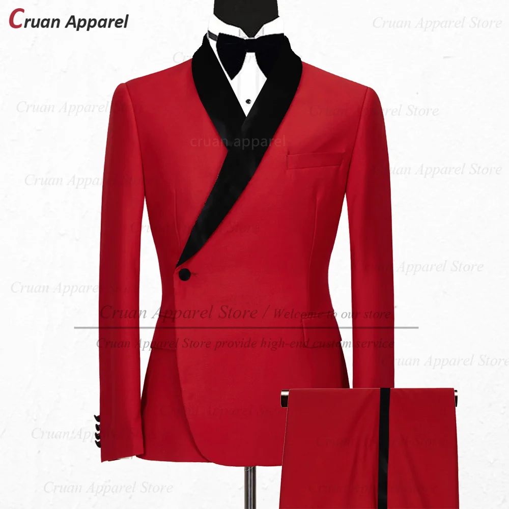 

Fashion Red Suits for Men Elegant Black Velvet Shawl Lapel Jacket with Pants 2 Pieces New Ivory Prom Dinner Wedding Men Tuxedos