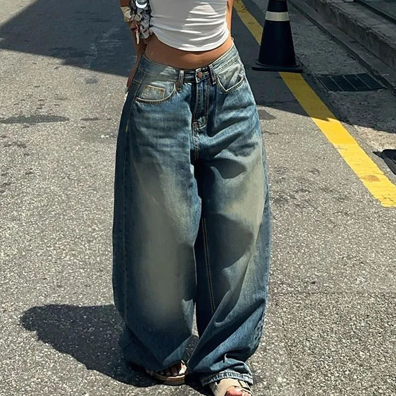 

Женские джинсы с широкими штанинами, весна-лето, с низкой посадкой, длиной в пол, винтажные, в уличном стиле, свободные прямые брюки
