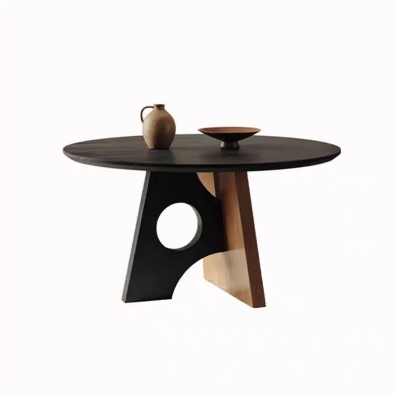 

Medieval style personality creative ash wood retro solid wood black surprise style simple round dining table
