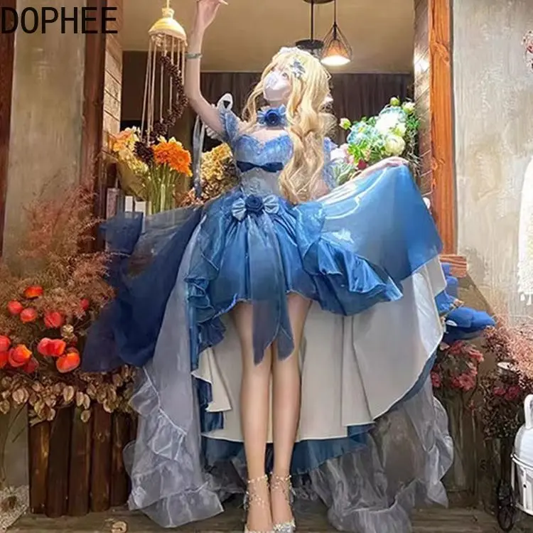 Синее свадебное платье с коротким рукавом и длинным цветком спереди, одежда в стиле Лолиты, женское платье с открытыми плечами и короткими рукавами, с бусинами, милое платье принцессы с бантом