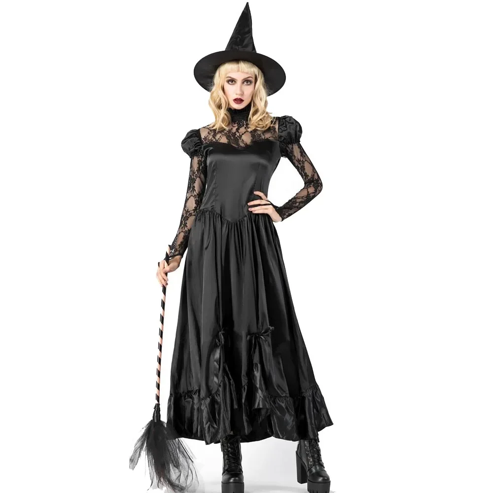 

Halloween Costumes Cosplay Witch Black Lace Long Dress Adult Role Play Witch Costume